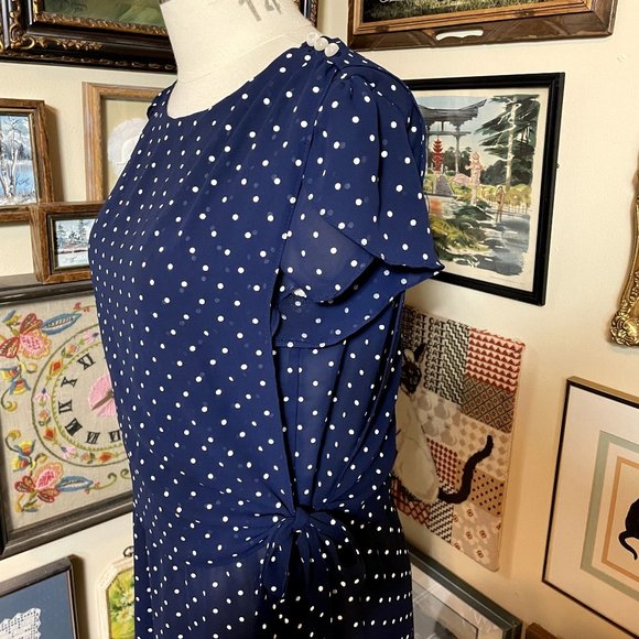 80s Vintage Navy Blue and White Scoop Neck Tulip Sleeve Dress with Side Ties XL - Picture 4 of 6